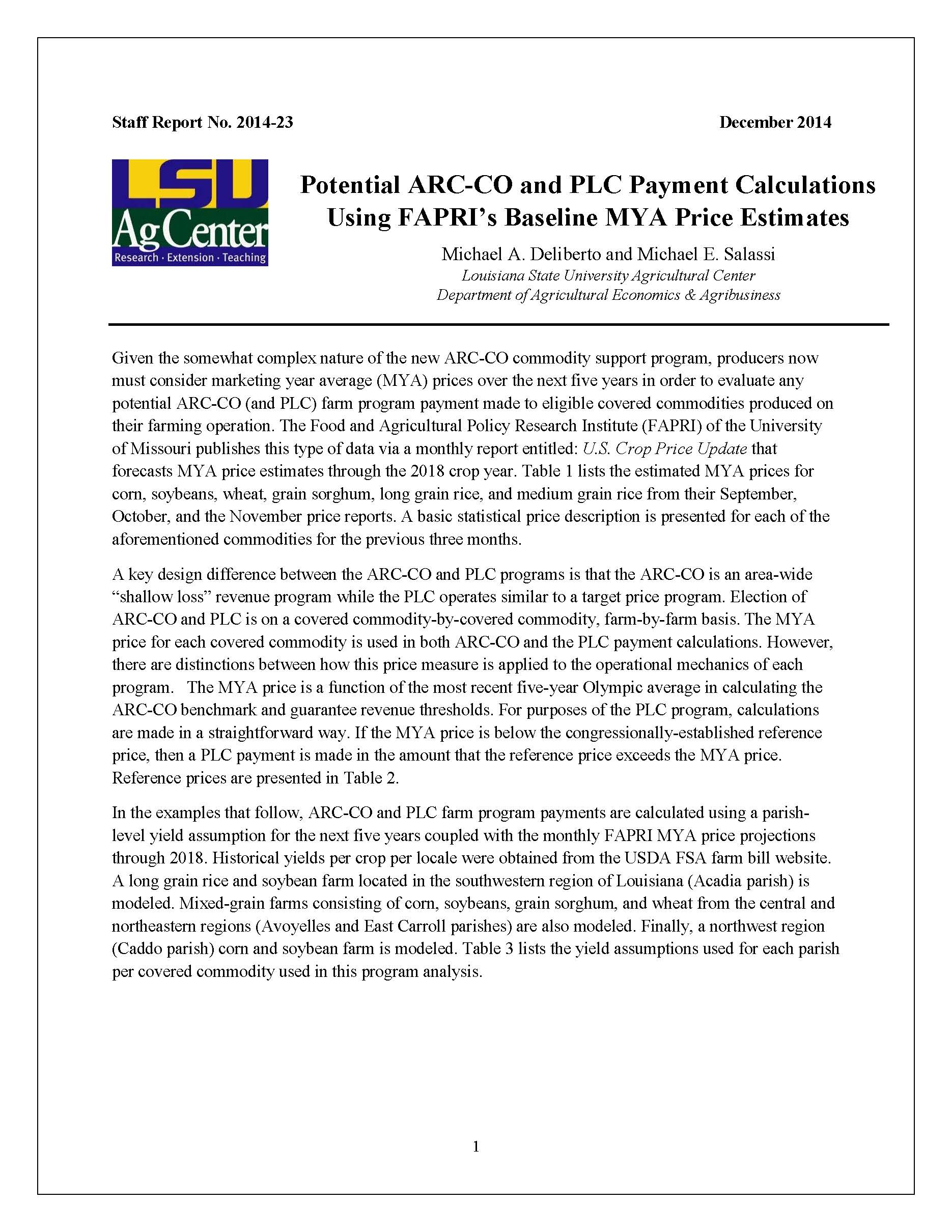 Potential ARC-CO and PLC Payment Calculations Using FAPRIs Baseline MYA Price Estimates