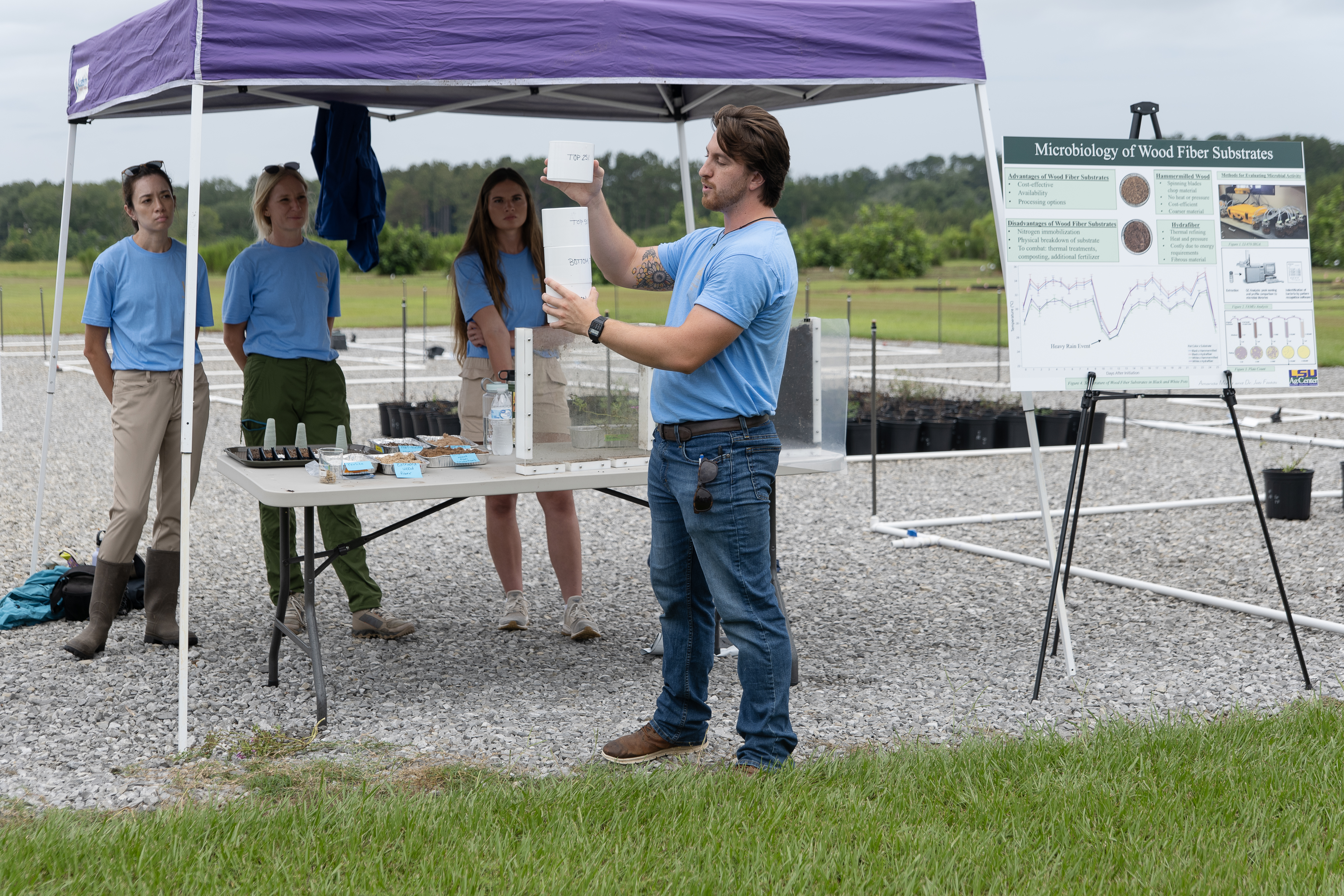 Man holding PVC pipe while three women watch.