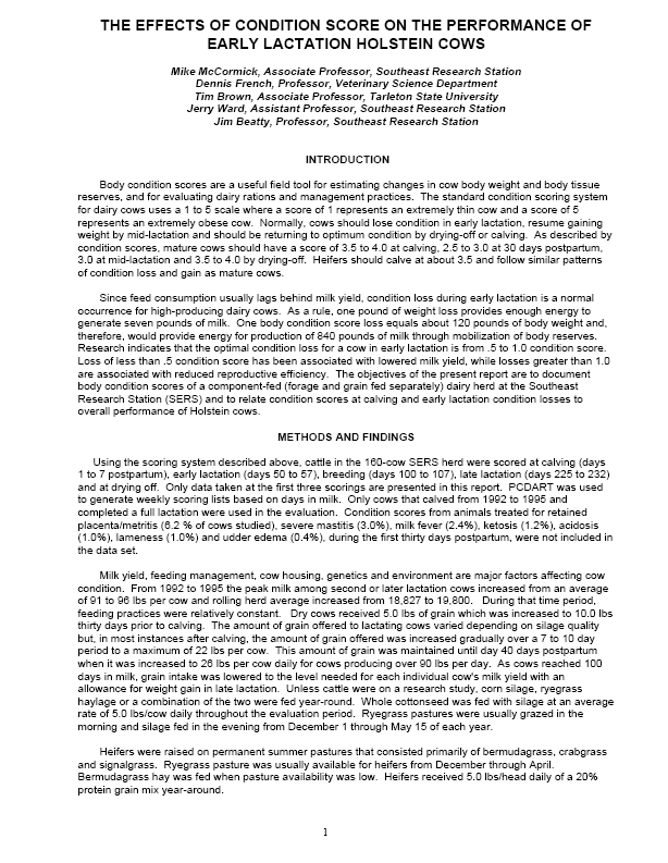 The Effects of Condition Score on the Performance of Early Lactation Holstein Cows