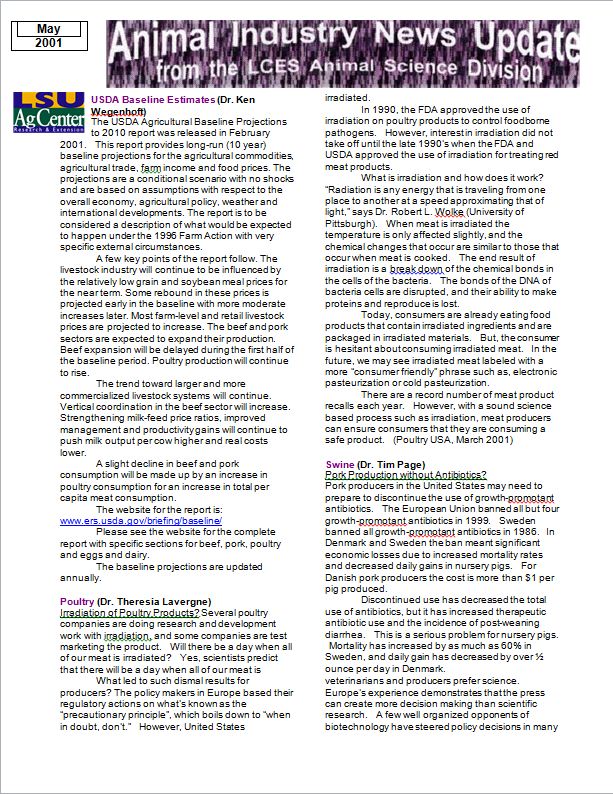 Animal Industry News Update May 2001
