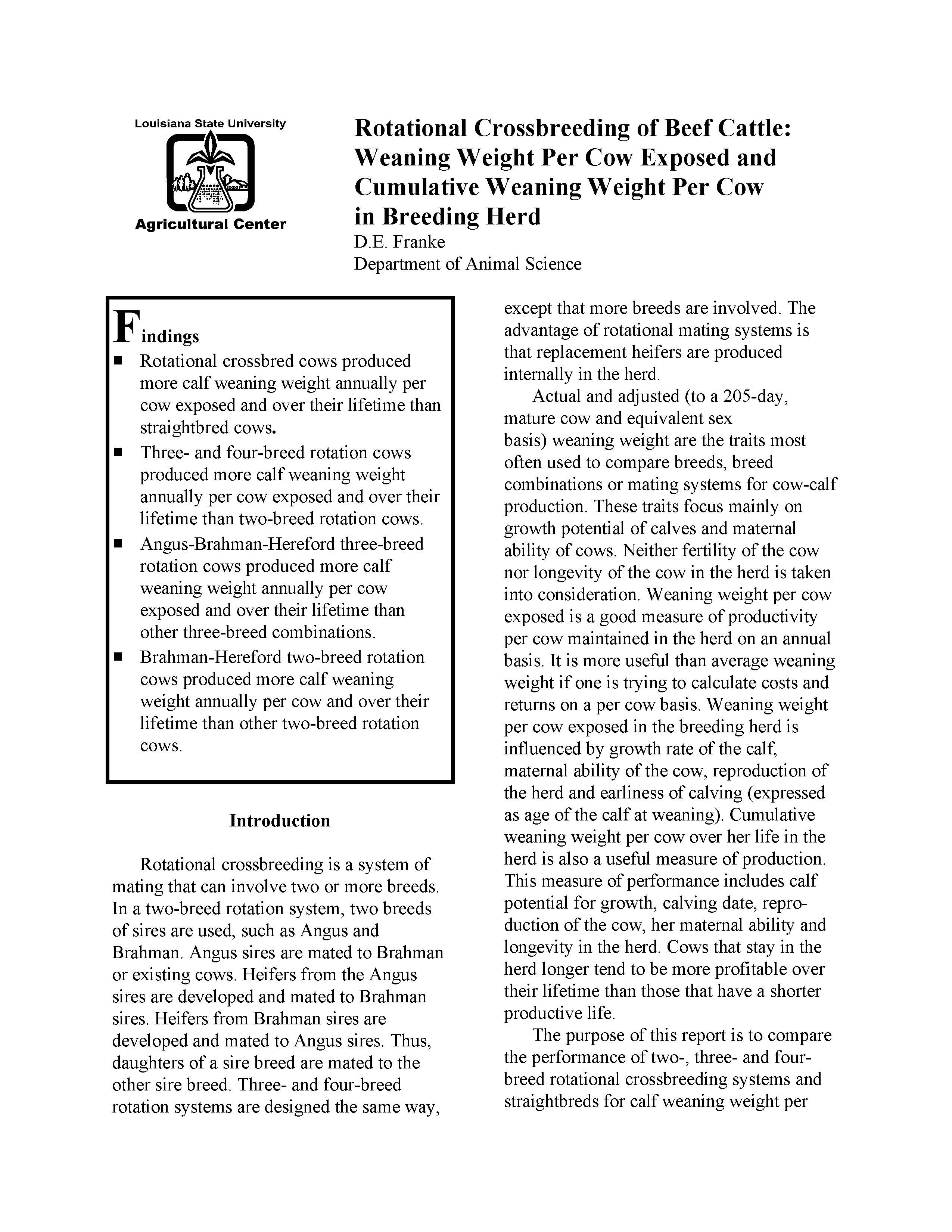 Rotational Crossbreeding of Beef Cattle:  Weaning Weight per Cow Exposed and Cumulative Weaning Weight per Cow in Breeding Herd