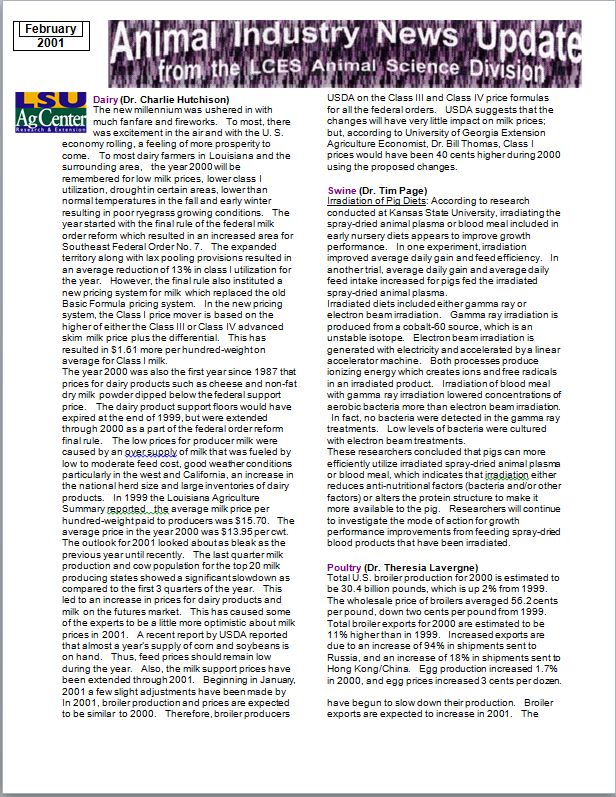 Animal Industry News Update February 2001