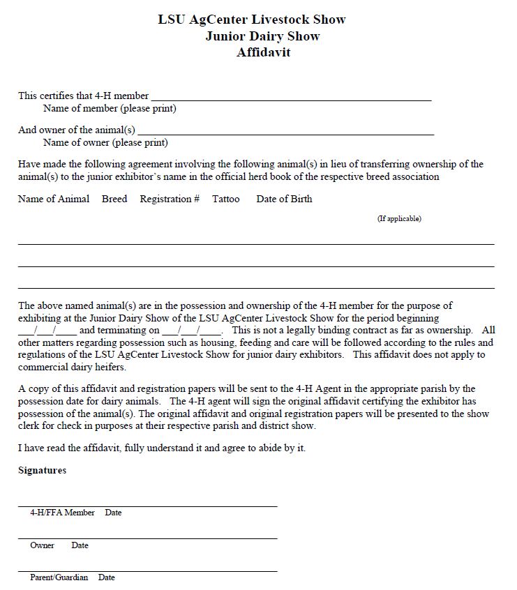LSU AgCenter Dairy Affidavit