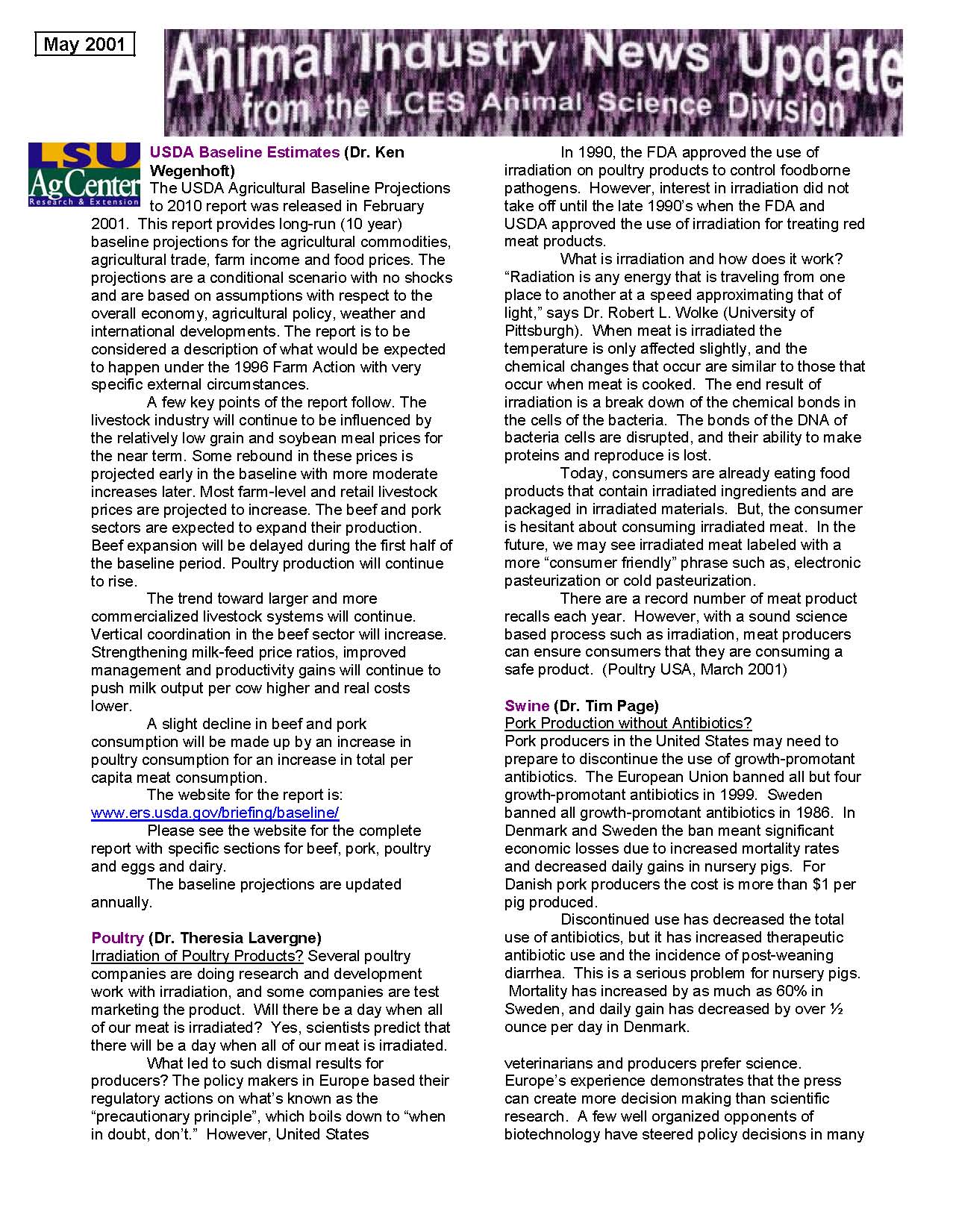 Animal Industry News Update from the LCES Animal Science Division May 2001