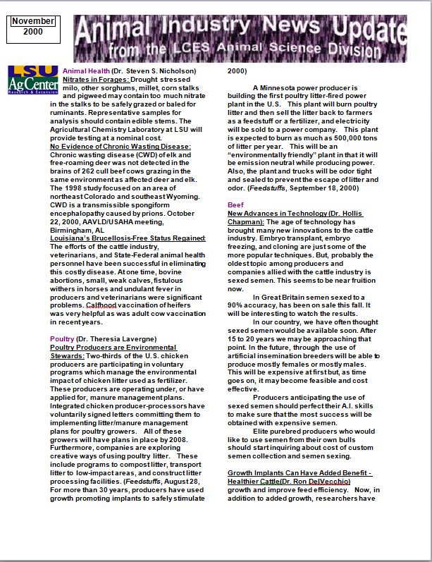 Animal Industry News Update November 2000
