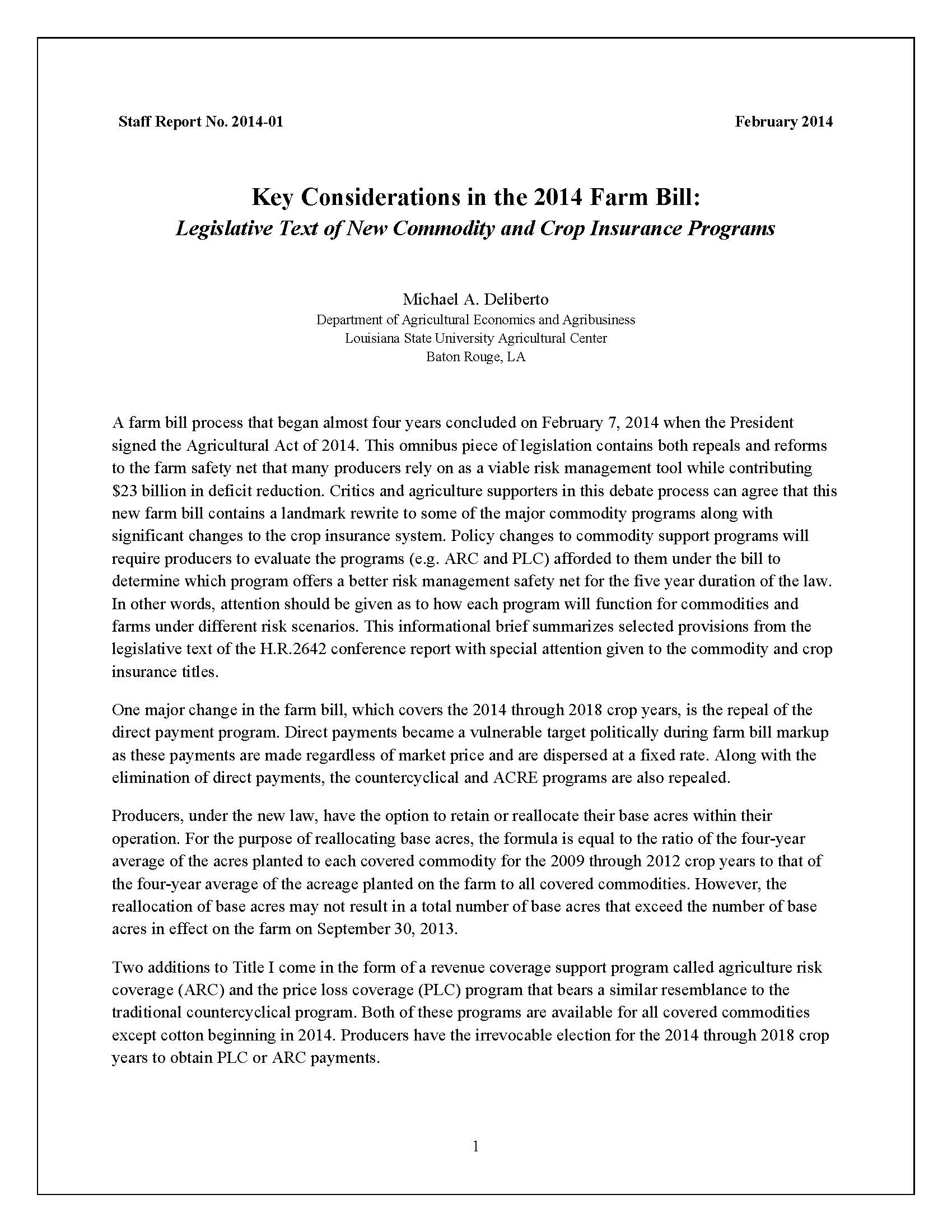 Key Considerations in the 2014 Farm Bill
