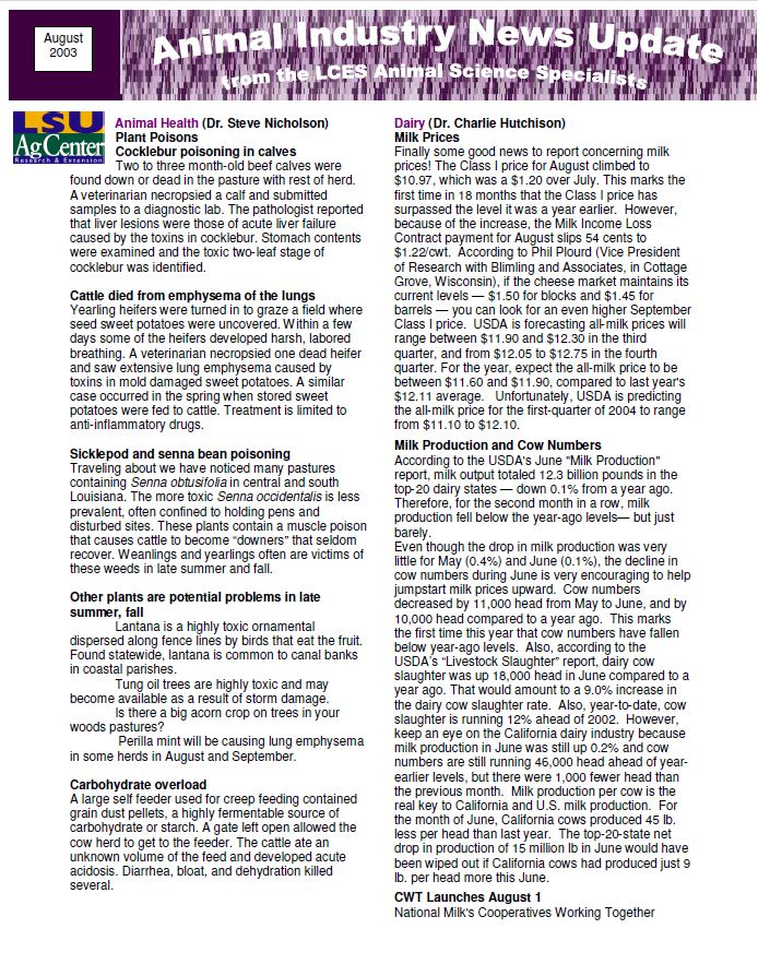 Animal Industry News Update August 2003