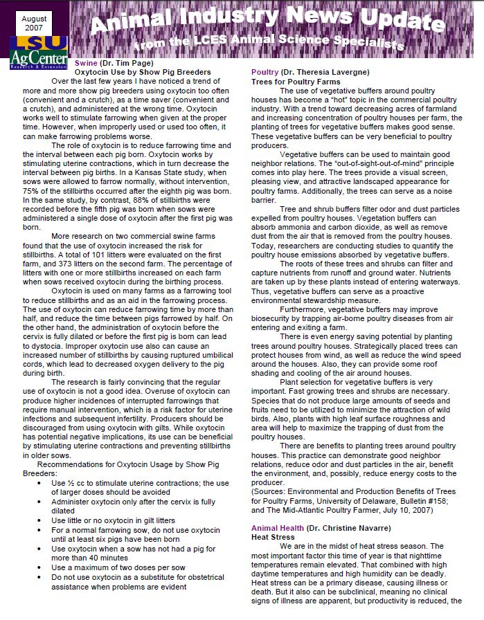 Animal Industry News Update August 2007