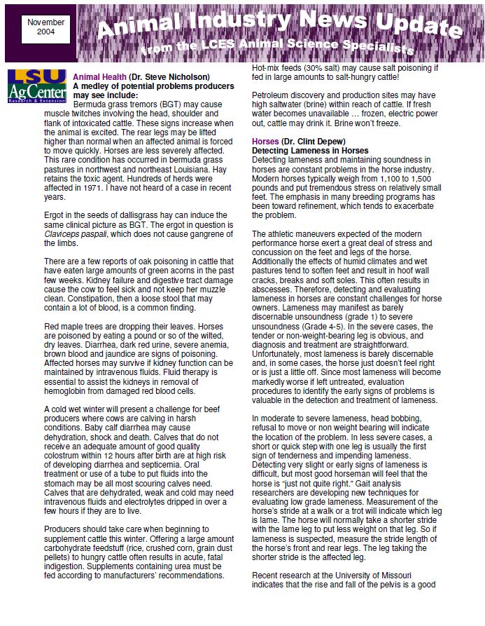Animal Industry News Update November 2004