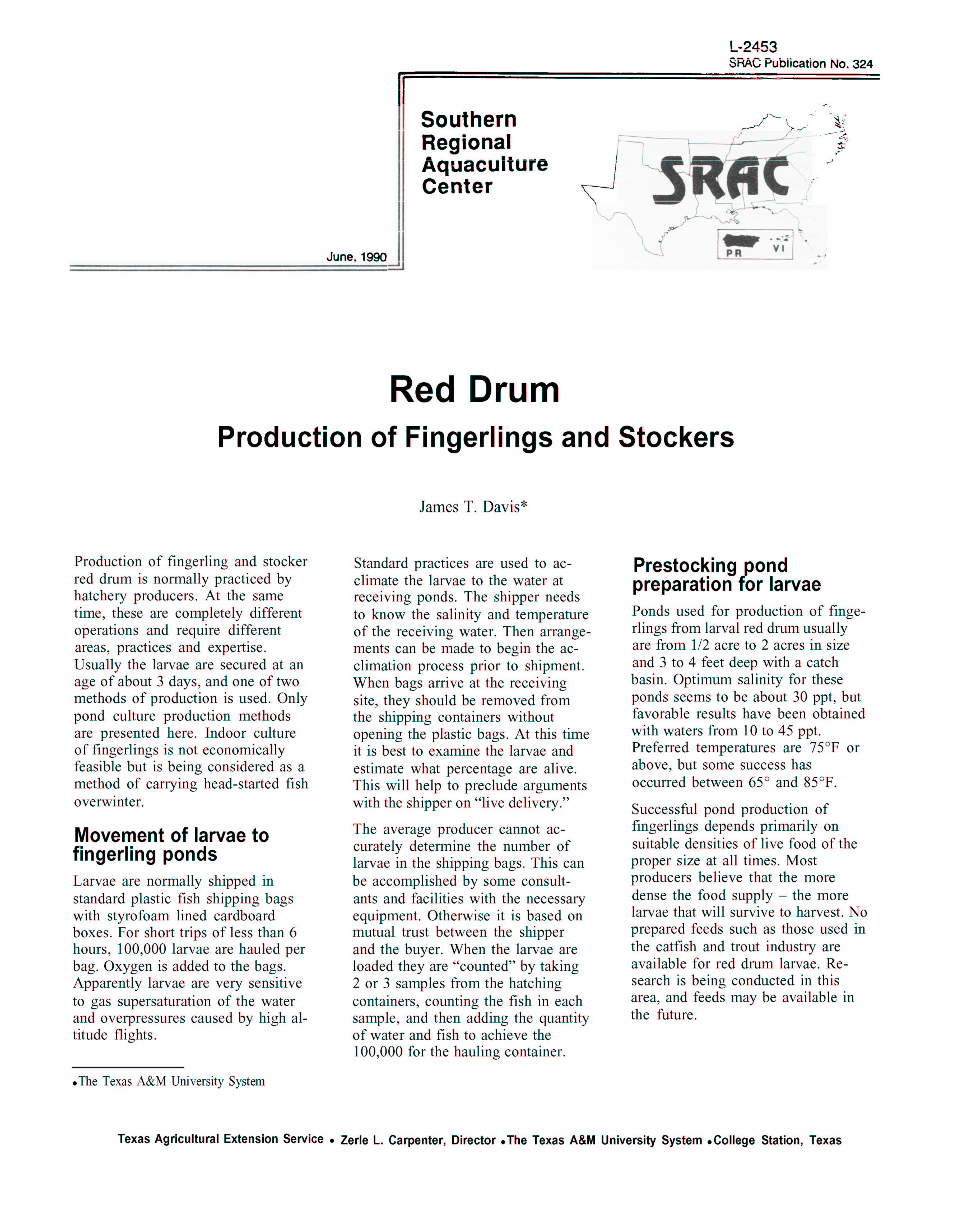 Red Drum: Production of Fingerlings and Stockers