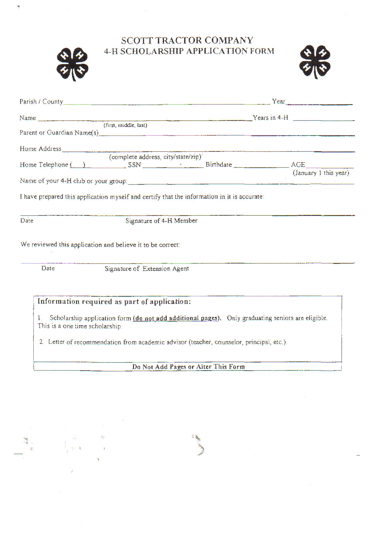 Scott Truck & Tractor 4-H Scholarship Application Form
