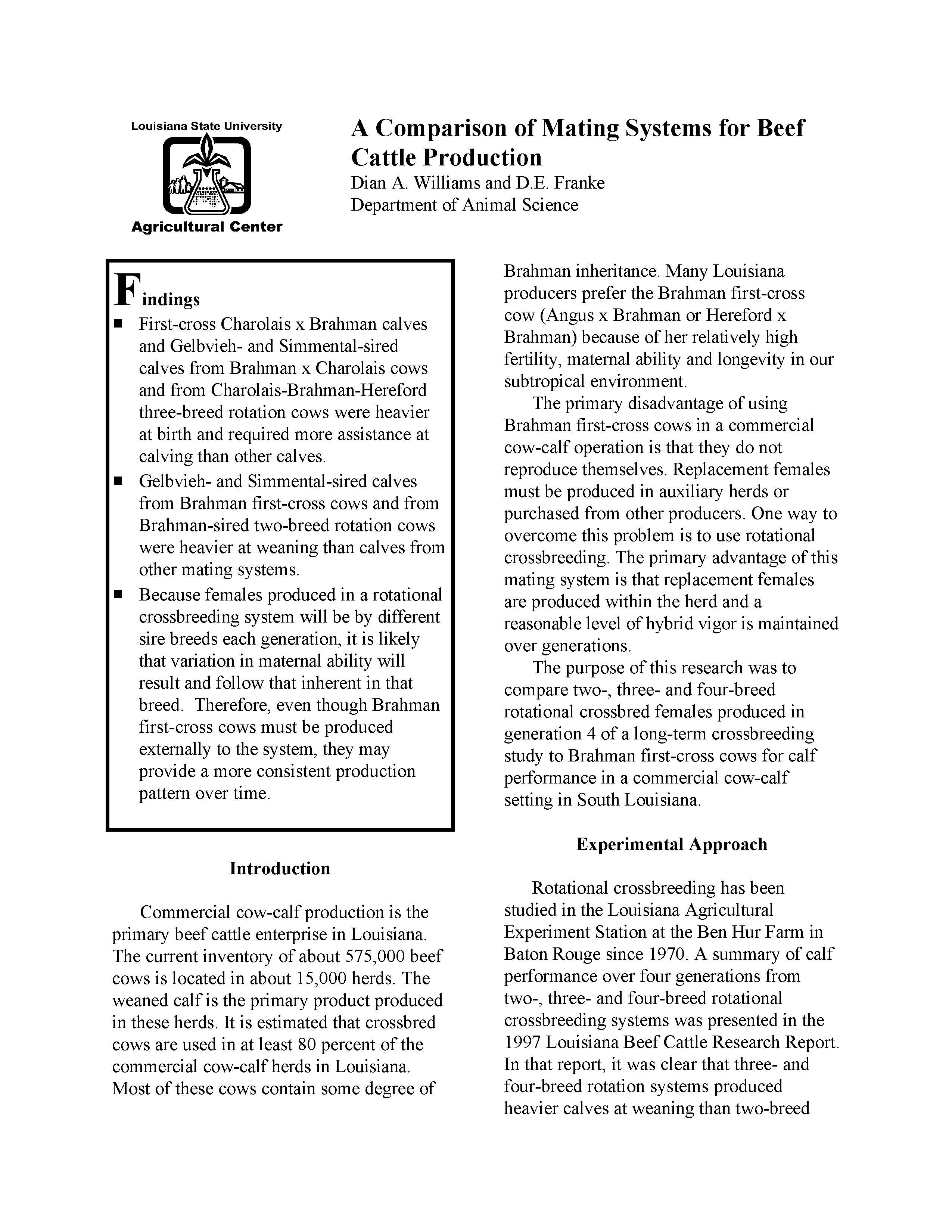 A Comparison of Mating Systems for Beef Cattle Production
