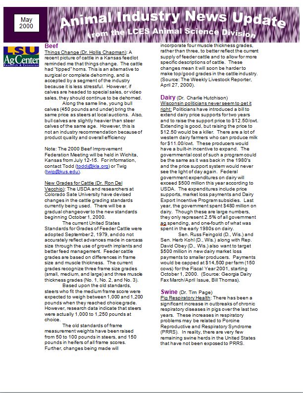 Animal Industry News Update 2000