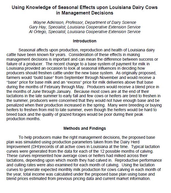 Using Knowledge of Seasonal Effects Upon Louisiana Dairy Cows in Management Decisions
