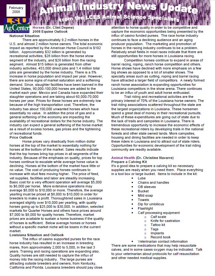 Animal Industry News Update February 2008
