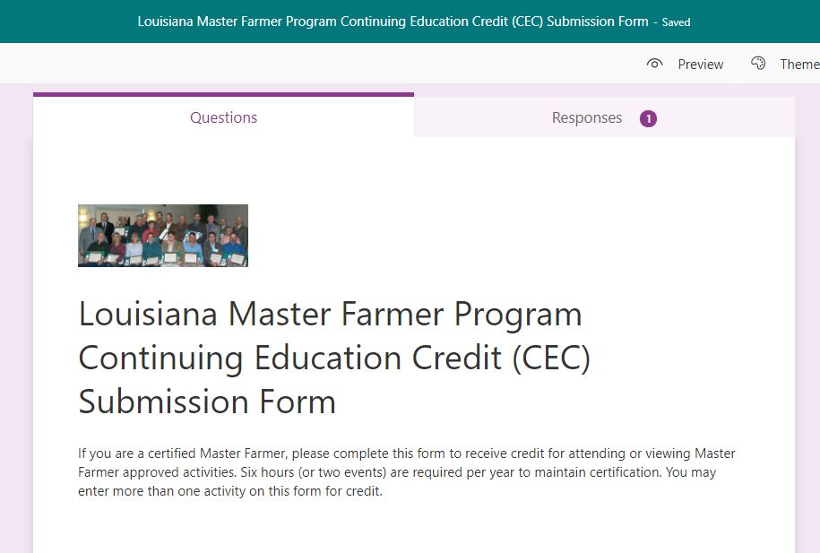 Front page of teh Continuing Education Credit submission form. Louisiana Master Farmer Program. If you are a certified Master Farmer, complete this form.