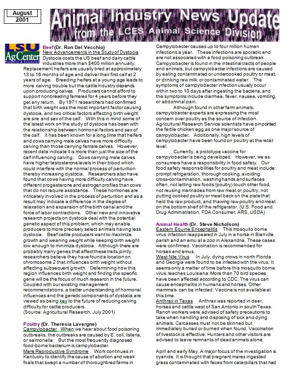 Animal Industry News Update August 2001