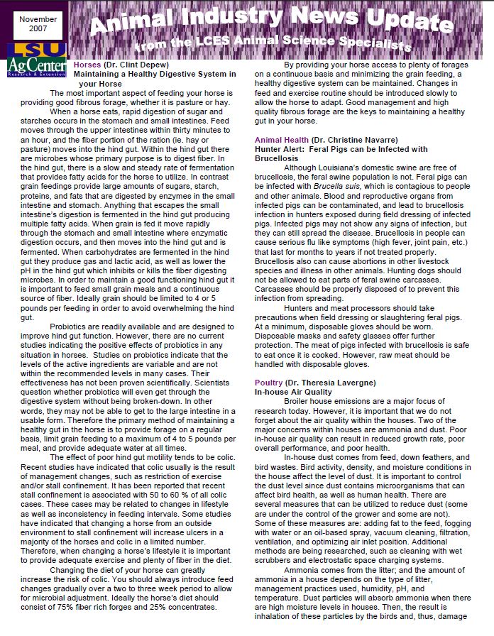 Animal Industry News Update November 2007