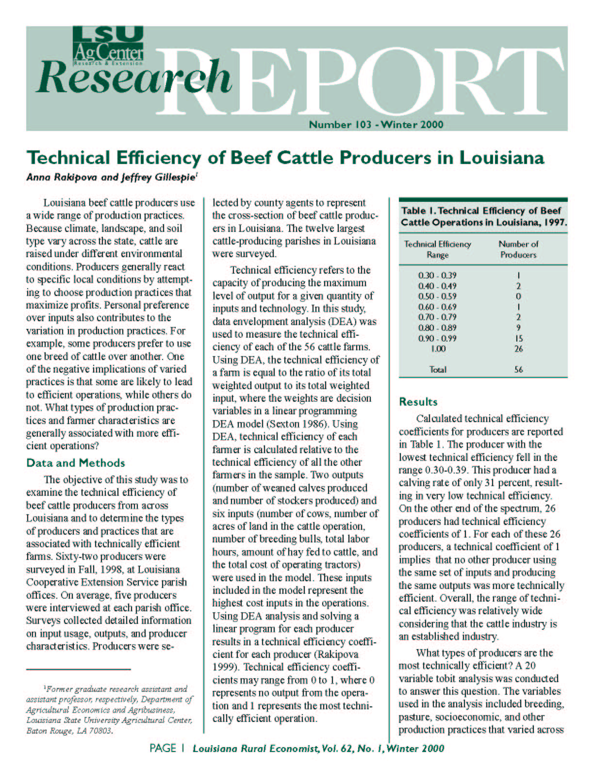 Technical Efficiency of Beef Cattle Producers in Louisiana (Winter 2000)