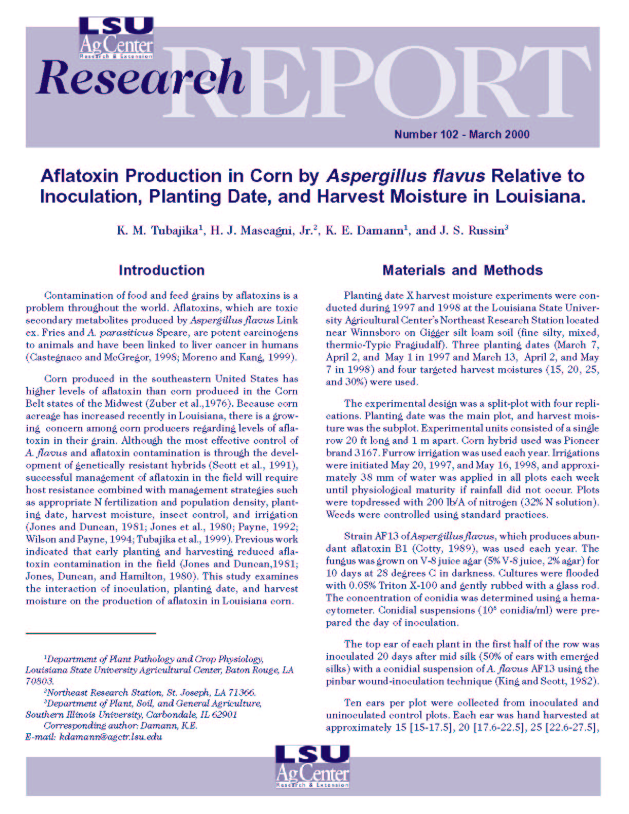 Aflatoxin Production in Corn by Aspergillus flavus Relative to Inoculation Planting Date and Harvest Moisture in Louisiana