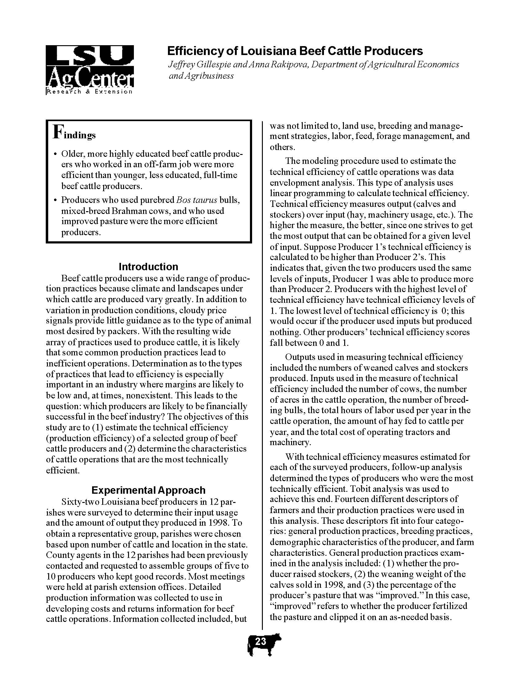 Efficiency of Louisiana Beef Cattle Producers