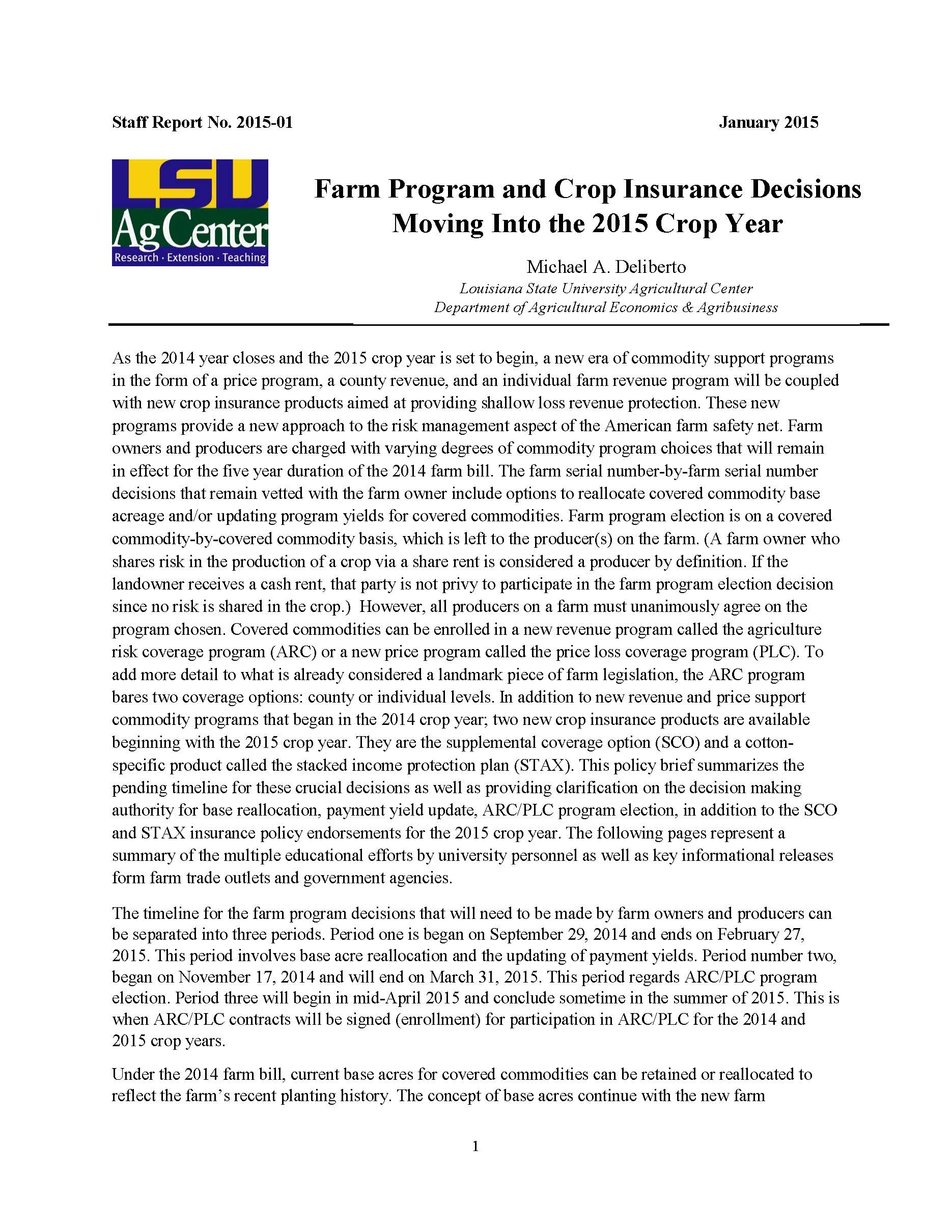 Farm Program and Crop Insurance Decisions Moving Into the 2015 Crop Year