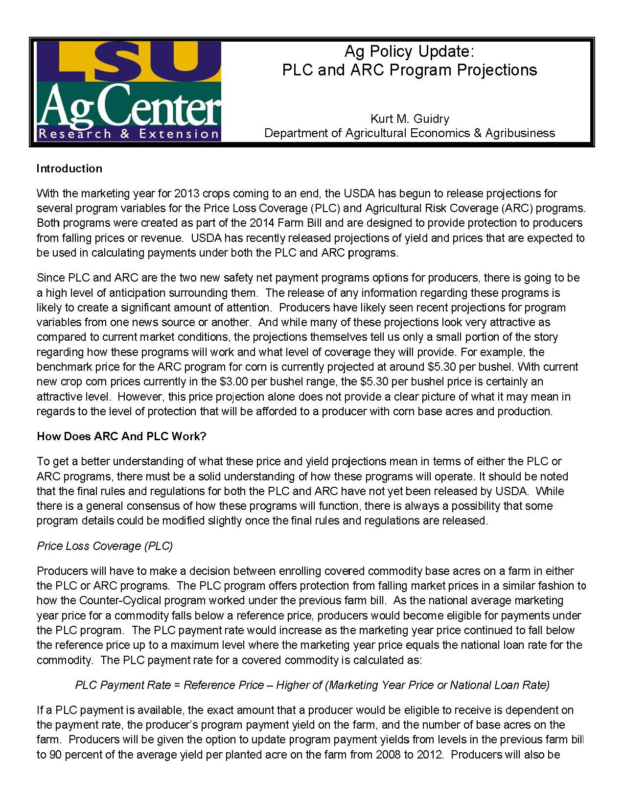 Ag Policy Update: PLC and ARC Program Projections