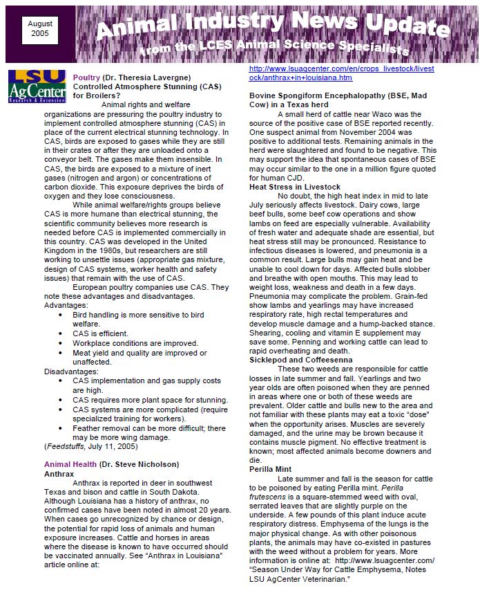 Animal Industry News Update August 2005