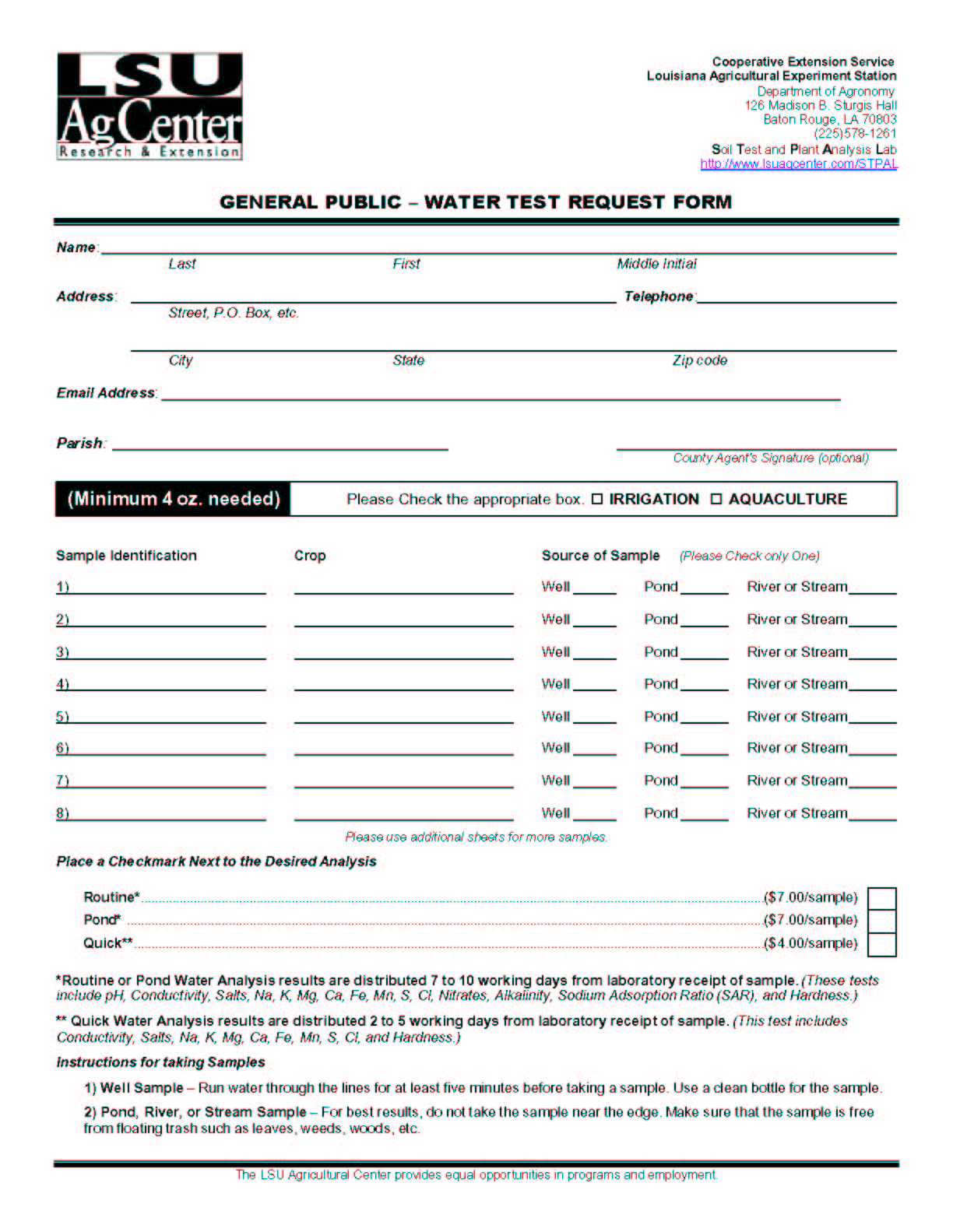 Water Test Request Form