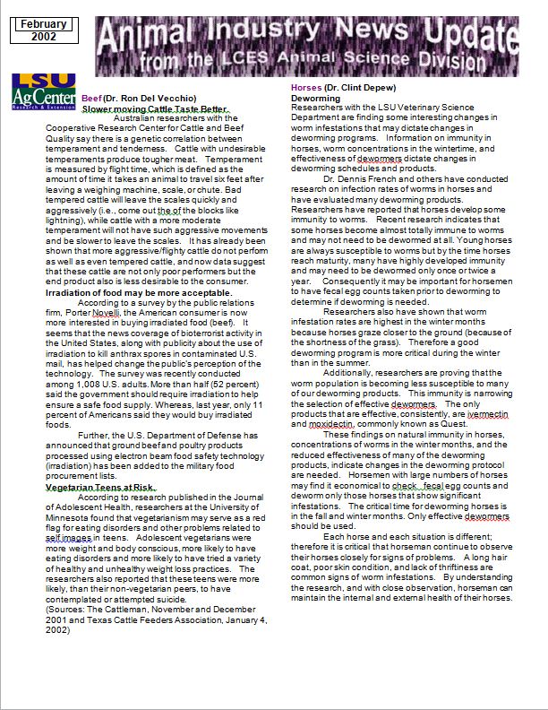 Animal Industry News Update February 2002