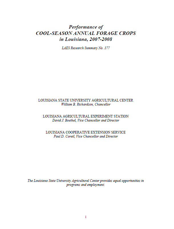 Performance of Cool-Season Annual Forage Crops in Louisiana 2007-2008