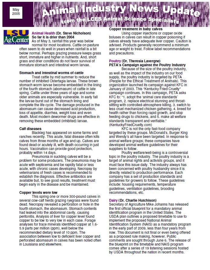 Animal Industry News Update May 2005