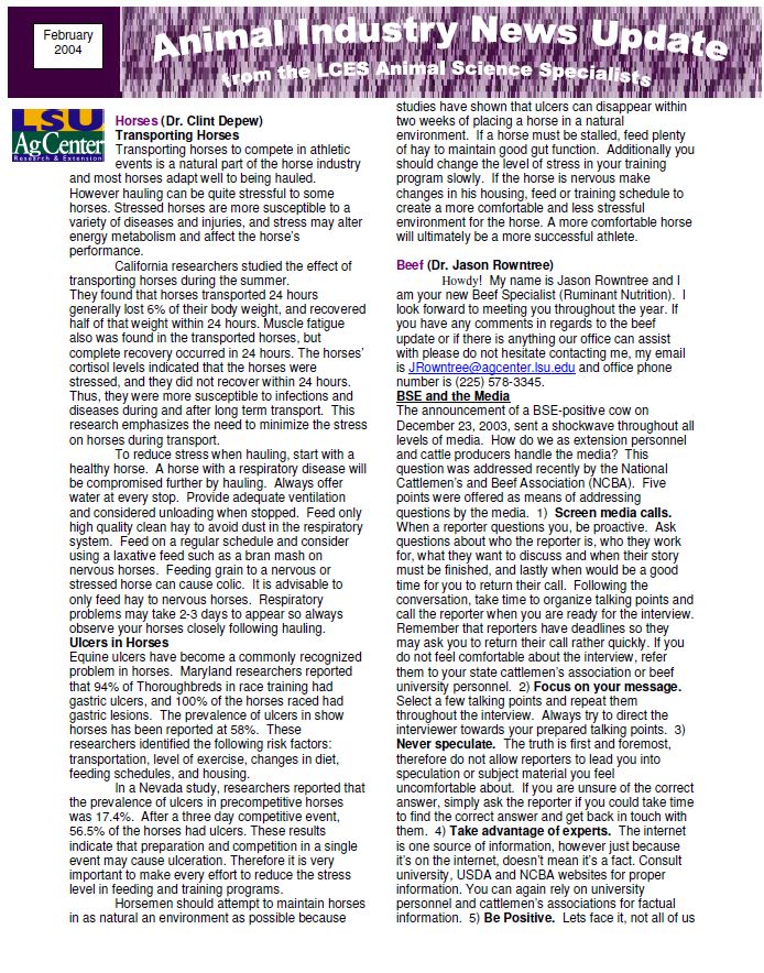 Animal Industry News Update February 2004