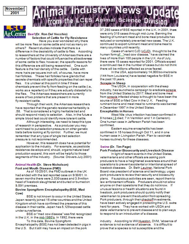 Animal Industry News Update November 2001
