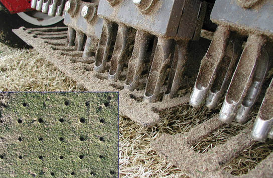 An image depicting an implement used to aereate soil. In the lower left corner of this image is a detailed image showcasing an aerated lawn.