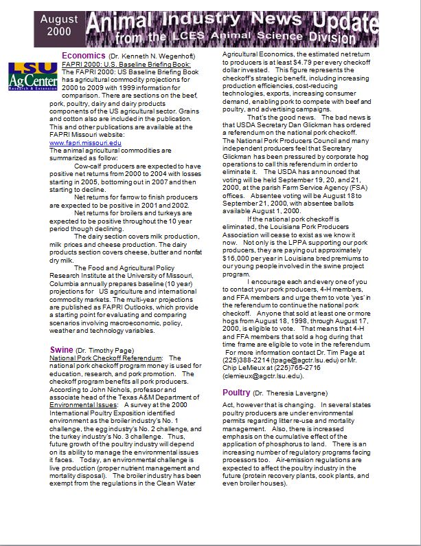 Animal Industry News Update August 2000