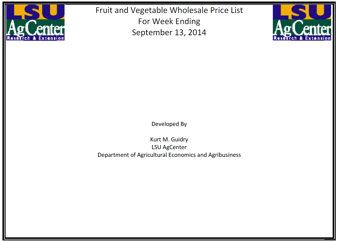 Fruit and Vegetable Wholesale Price 9-13-14