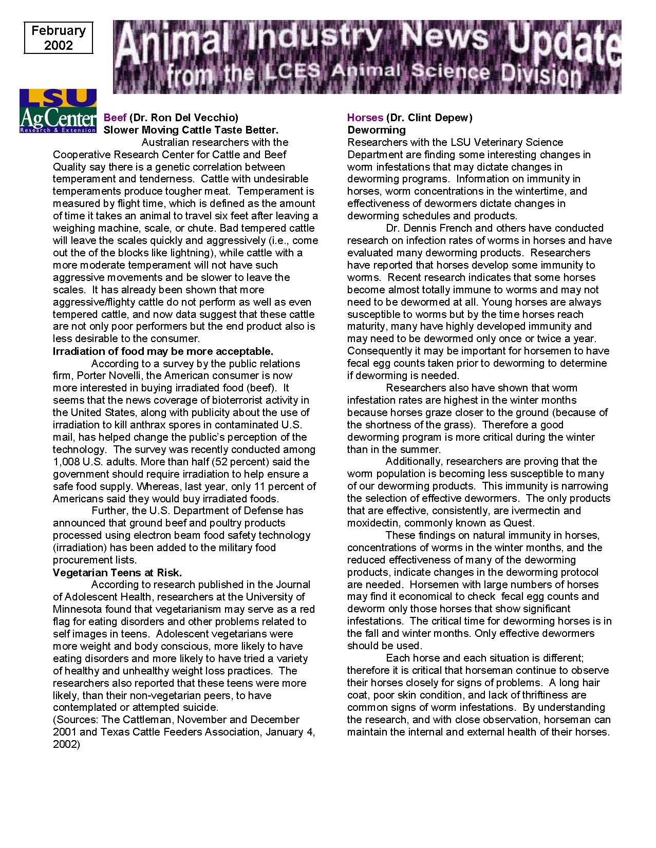 Animal Industry News Update from the LCES Animal Science Division February 2002