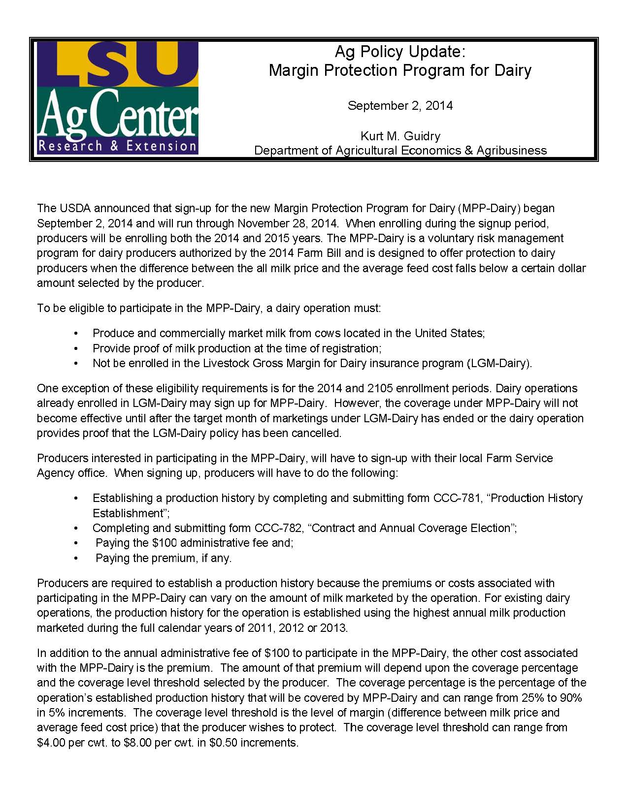 Ag Policy Update: Margin Protection Program for Dairy