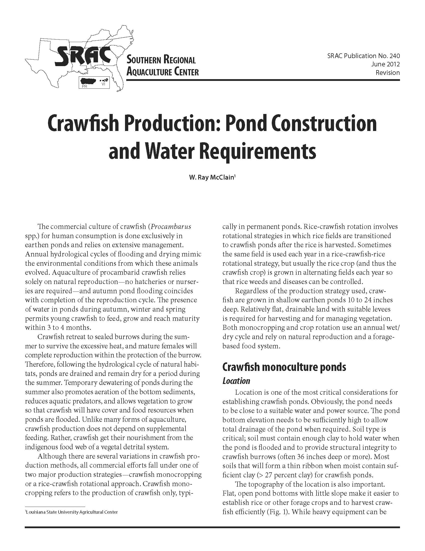 Crawfish Production: Pond Construction and Water Requirements