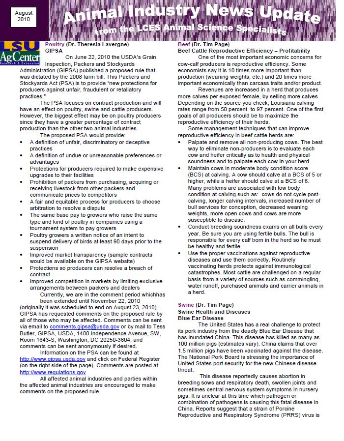 Animal Industry News Update August 2010