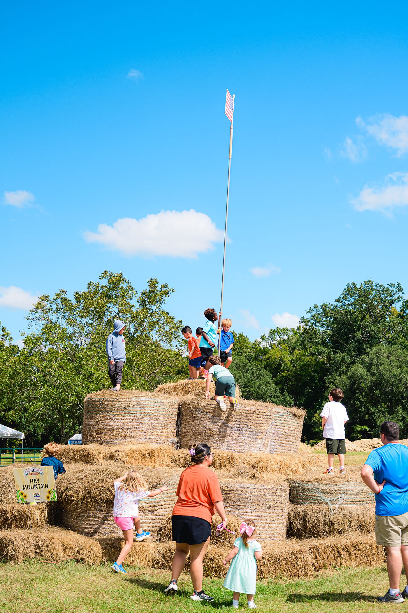 Children climb stacked hay bales beneath a tall flagpole at an outdoor farm event. 