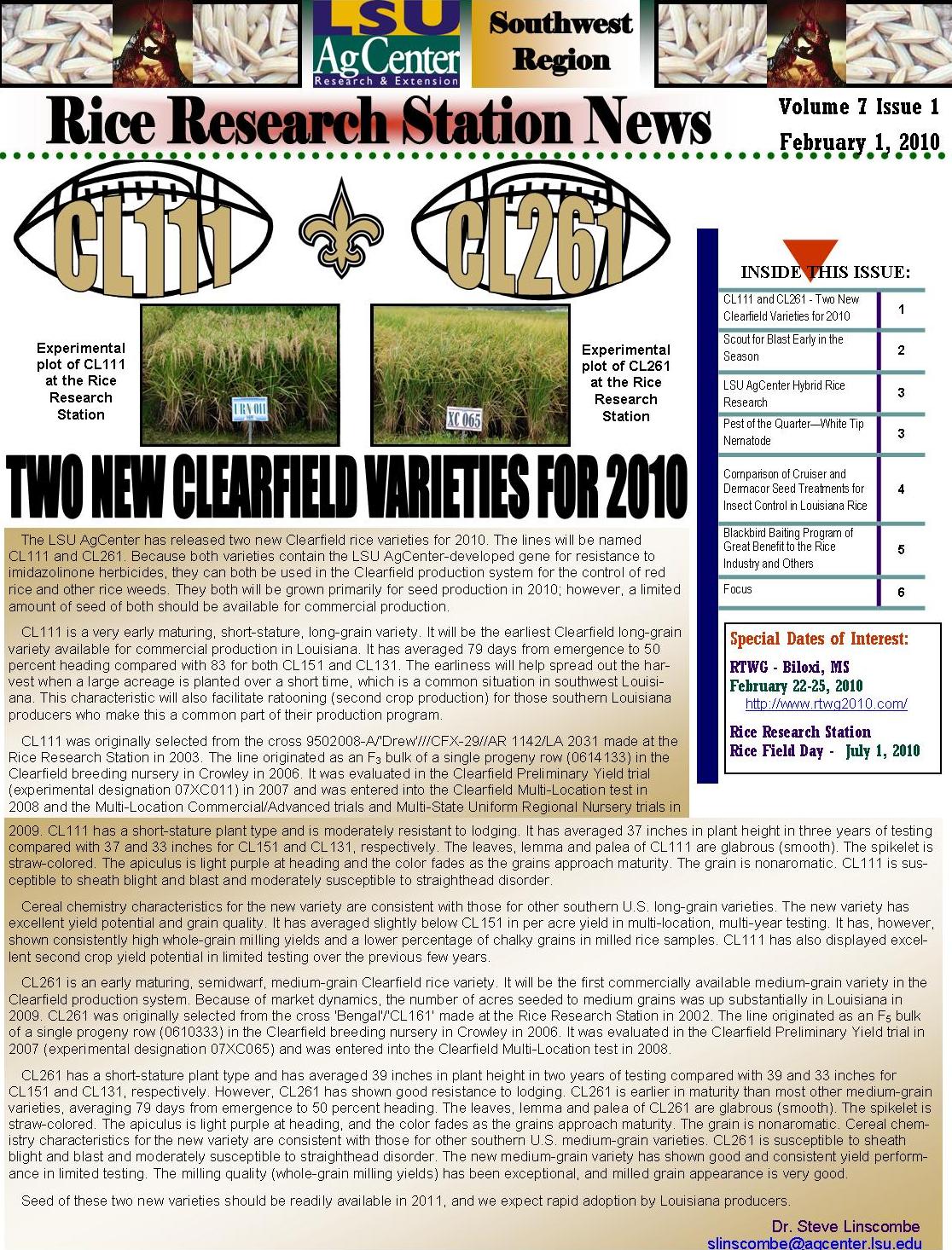 2010 Rice Research Station Newsletters