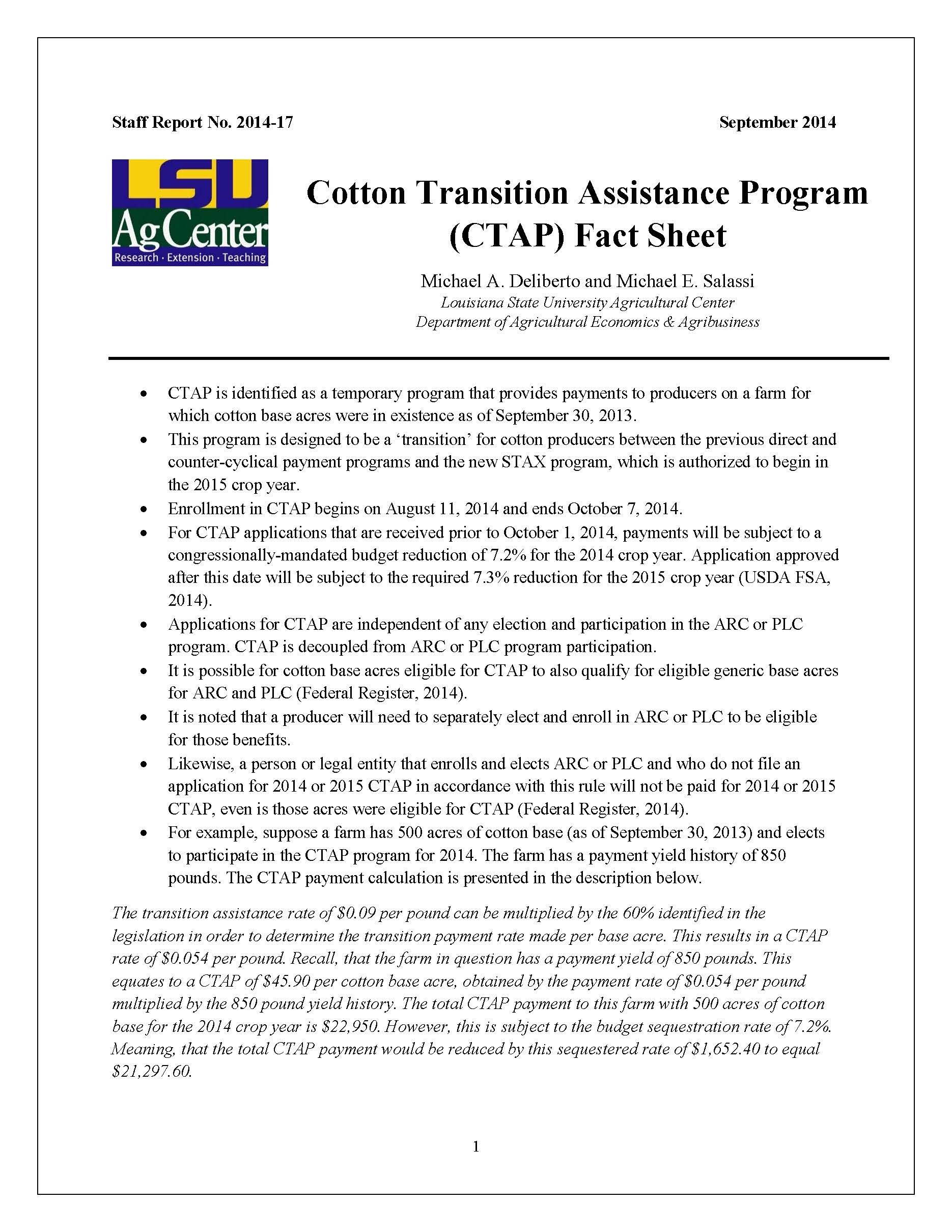 Cotton Transition Assistance Program (CTAP) Fact Sheet