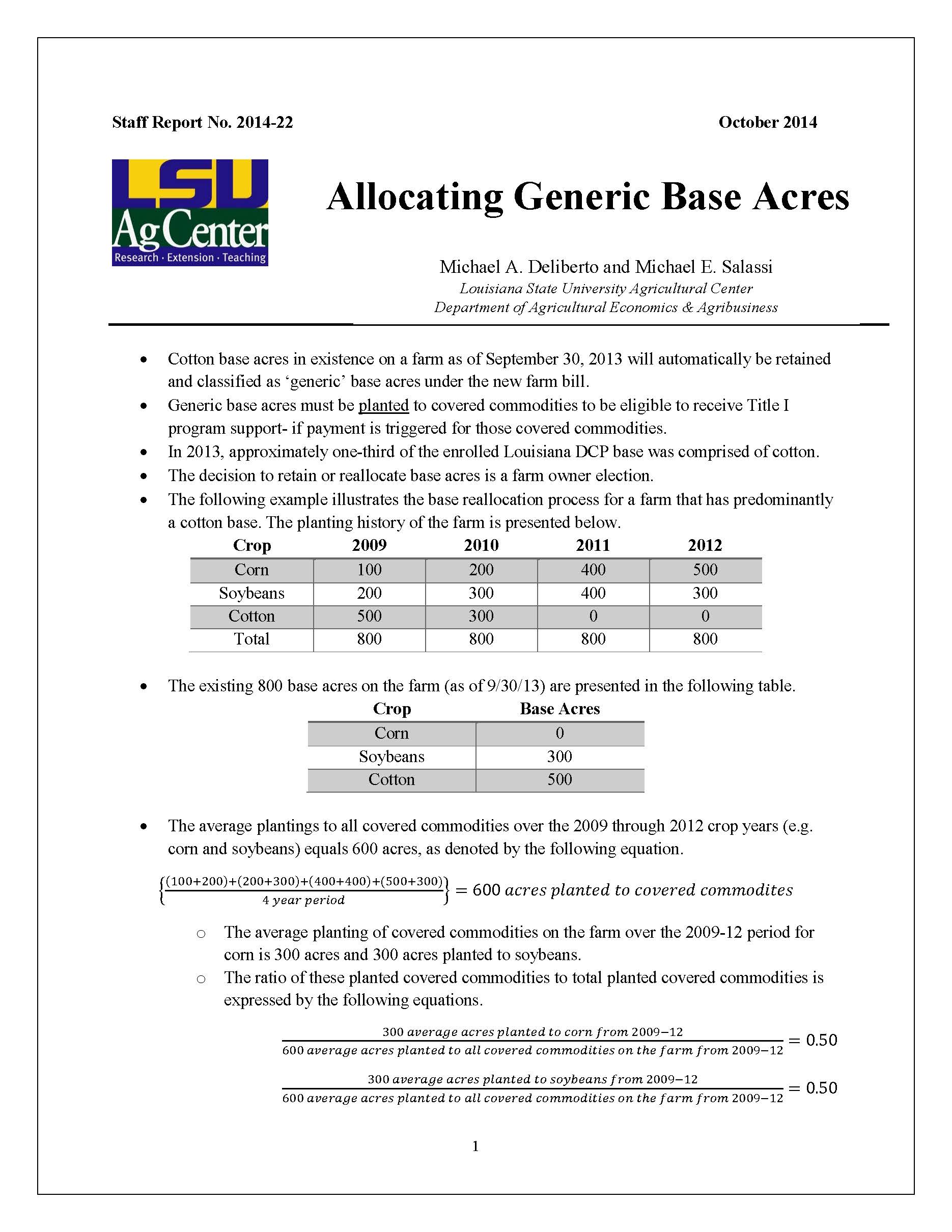 Allocating Generic Base Acres